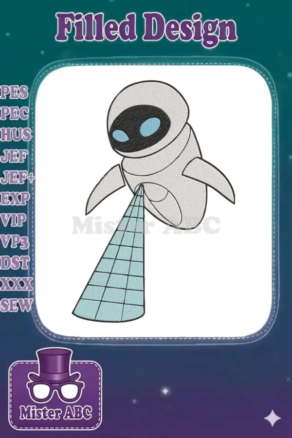 EVE from WALL-E embroidery design, featuring the white robot with black eyes and a blue light beam, on a white background.