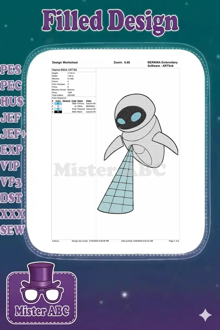 Embroidery design worksheet for EVE, detailing dimensions, stitch count, color sequence, machine format, and hoop size.
