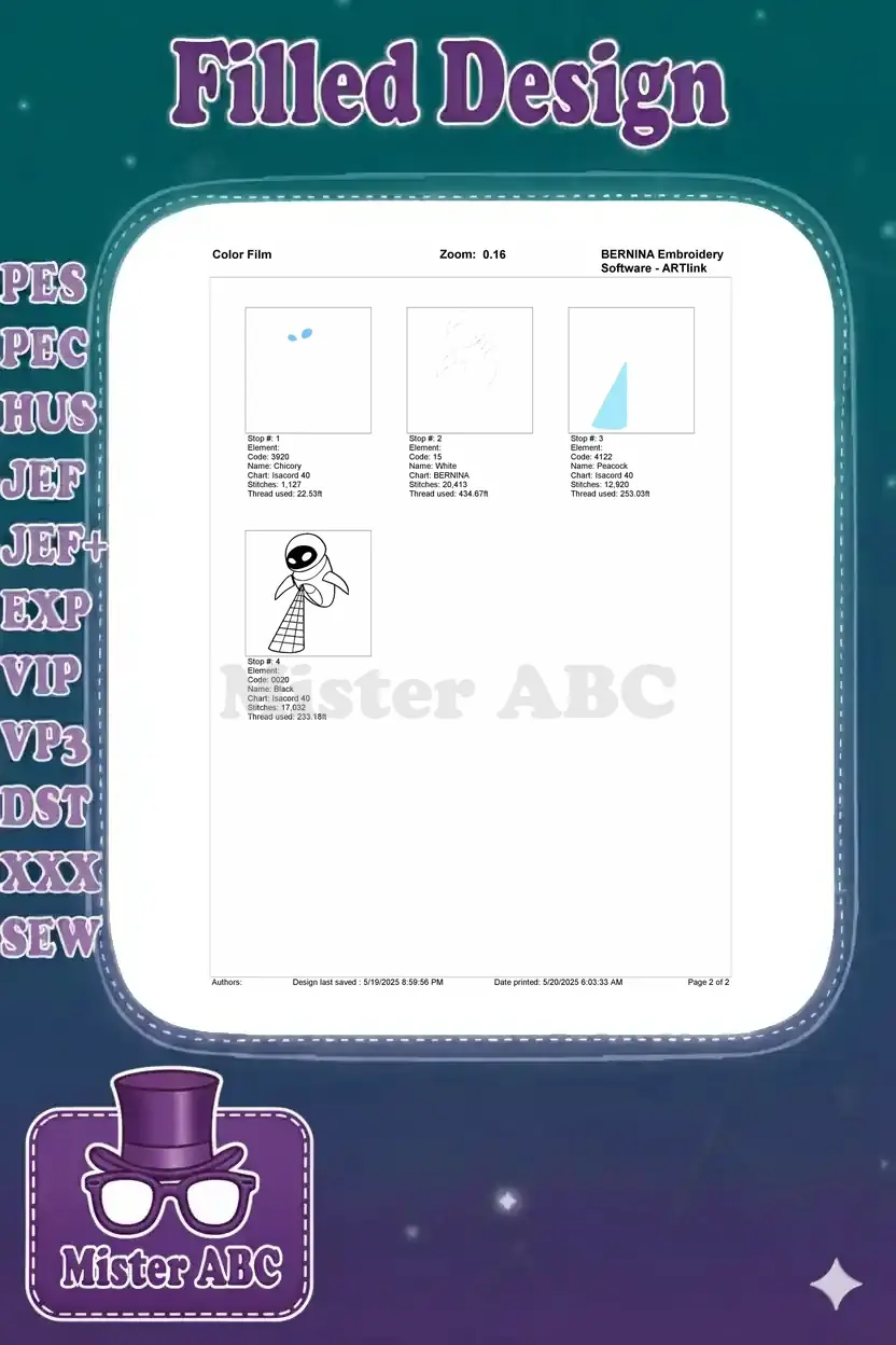 Embroidery color film showing the step-by-step stitching process for EVE, broken down by individual thread colors.