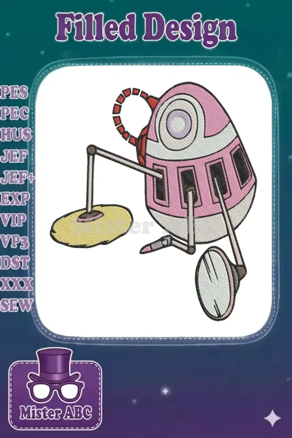 Embroidered pink robot design with unique legs, a central eye, and striped handle, featuring detailed fill and satin stitches.