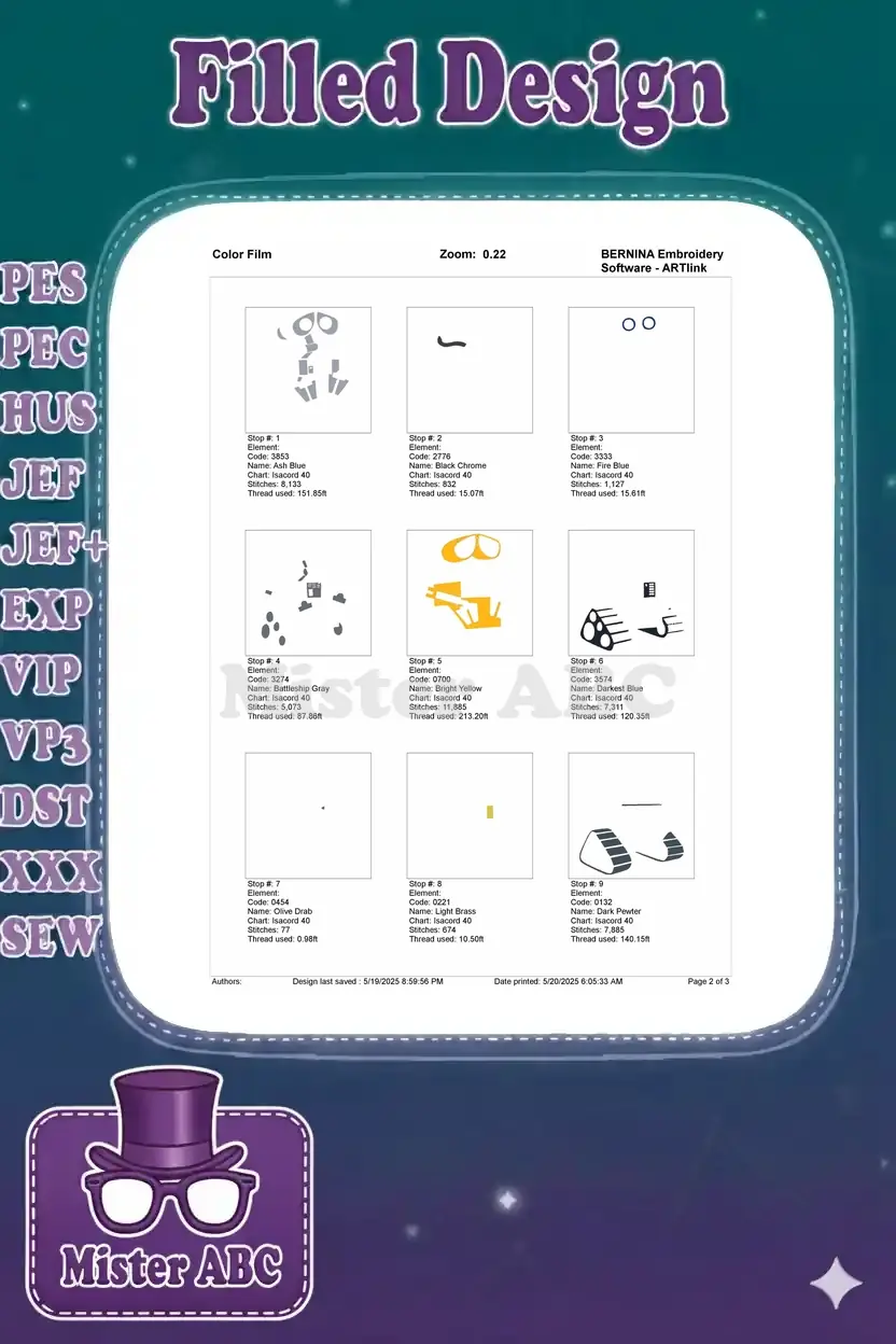 First page of the color film for WALL-E embroidery, showing the initial stitch sequence breakdown by color.
