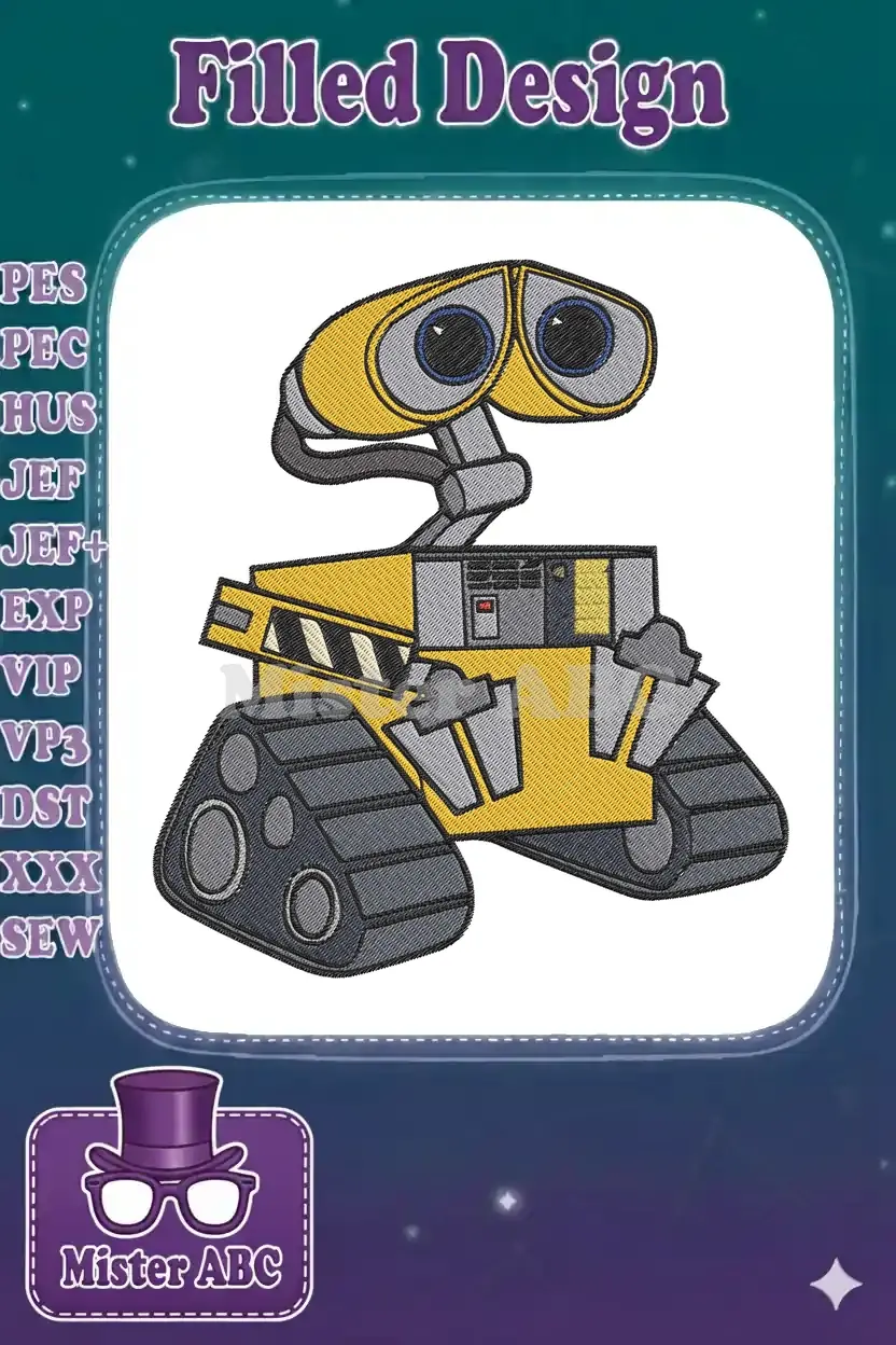 High-quality digital embroidery design featuring WALL-E, the iconic robot from Disney Pixar, on a white background.
