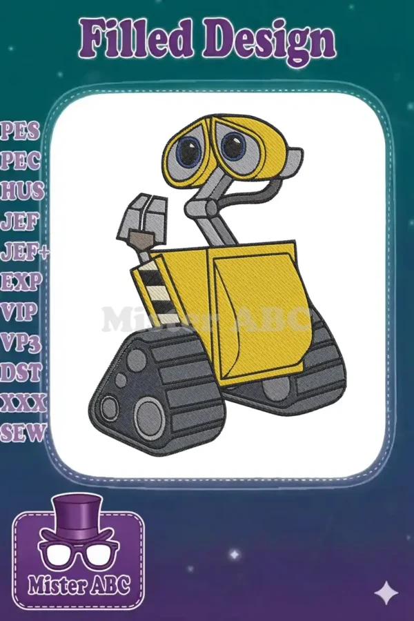 An endearing embroidery design of WALL-E, the iconic robot, featuring vibrant yellow, blue eyes, and detailed tracks.