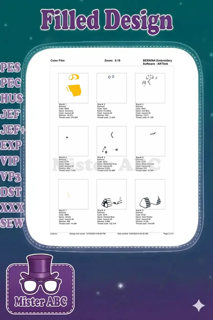 First nine color stops of the WALL-E embroidery design, showing individual thread usage and element shapes.
