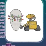 WALL-E robot holding festive oval Christmas lights embroidery designs - Instant Download