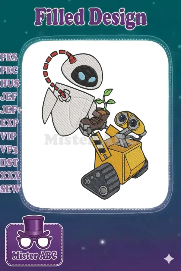 WALL-E and EVE embroidery design, featuring EVE holding a plant in a boot, with WALL-E looking up.