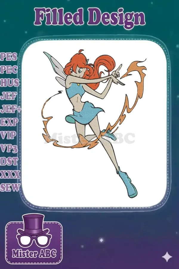 Vibrant Bloom fairy embroidery design, showcasing her dynamic pose and fiery magic. Perfect for fans.