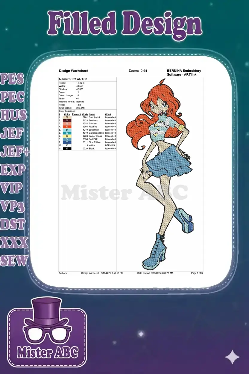 Embroidery design worksheet for Bloom from Winx Club, detailing dimensions, stitch count, color sequence, and thread chart.