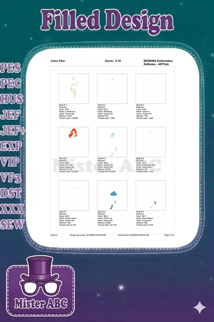 First page of the Color Film for Bloom Winx Club embroidery, showing stitch order and thread details for colors 1-9.