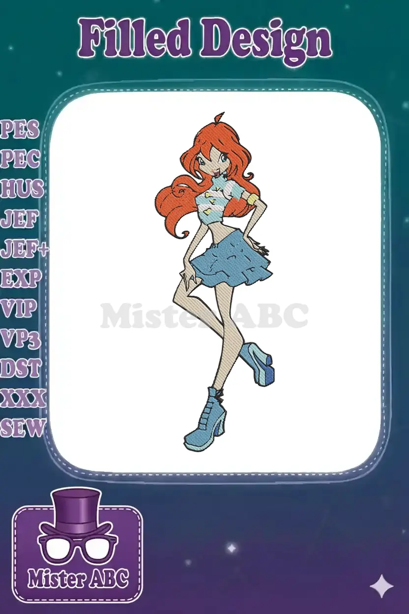 Vibrant embroidery design of Bloom from Winx Club, featuring her iconic orange-red hair, blue outfit, and dynamic pose.