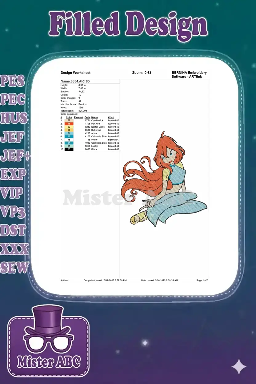 Detailed embroidery design worksheet showing Bloom, dimensions, stitch count, color sequence, and machine formats.