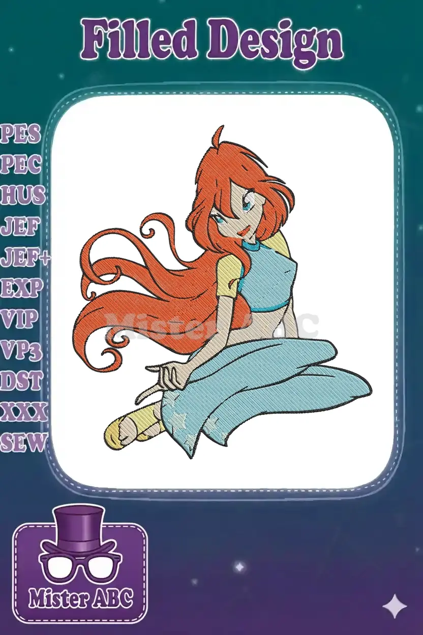 Embroidery design of Bloom from Winx Club, sitting gracefully with long red hair and a blue outfit, ready to stitch.
