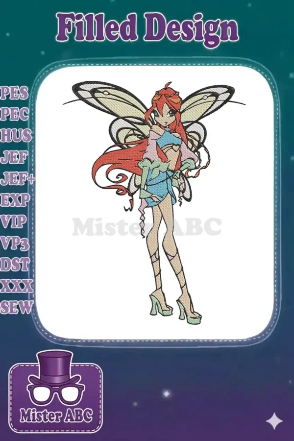 Full-body embroidery design of Bloom from Winx Club, featuring red hair, blue outfit, and delicate fairy wings.