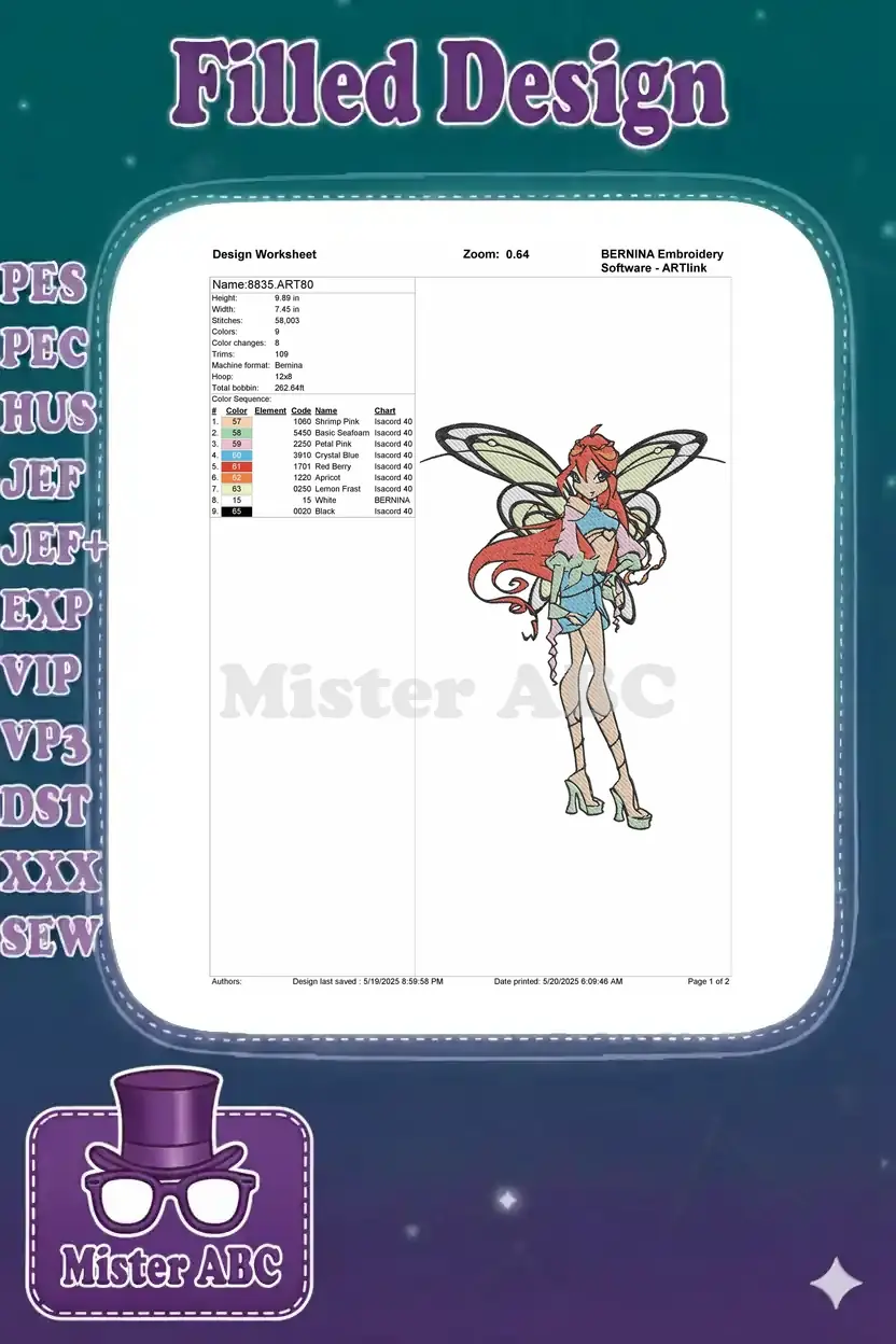 Embroidery design worksheet for Bloom, detailing dimensions, stitch count, color changes, and thread color chart.