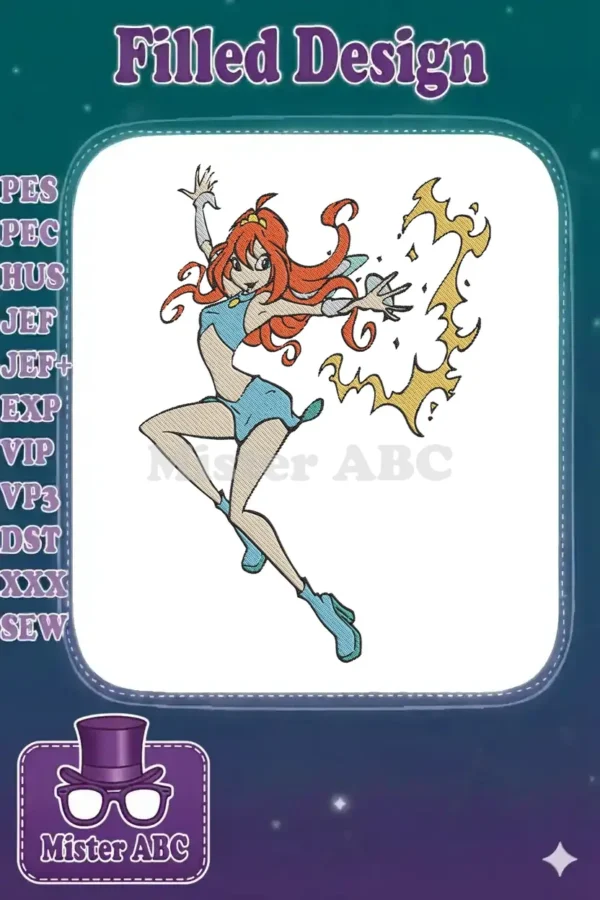 Full-color embroidery design of Bloom from Winx Club, casting a golden spell with fiery red hair and blue outfit.
