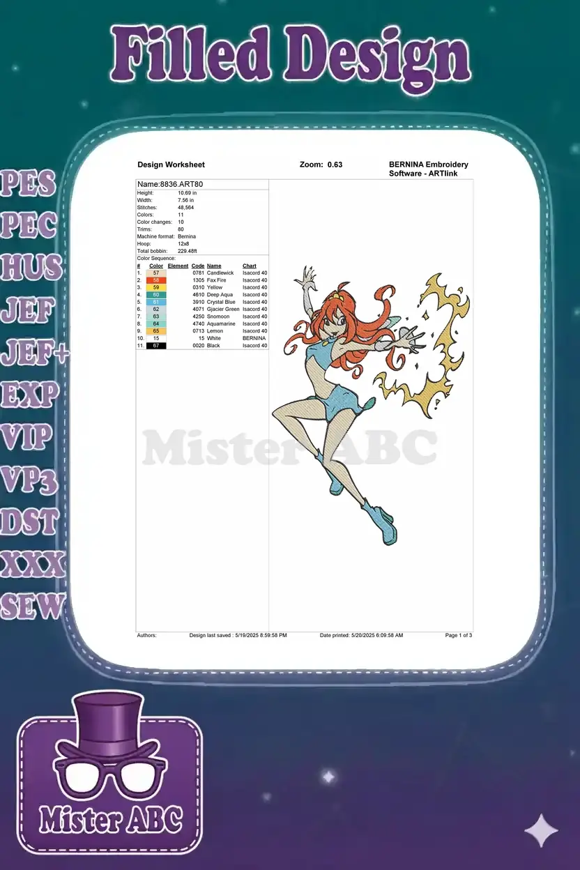 Embroidery design worksheet for Bloom, showing dimensions, stitch count, color sequence, and thread chart.