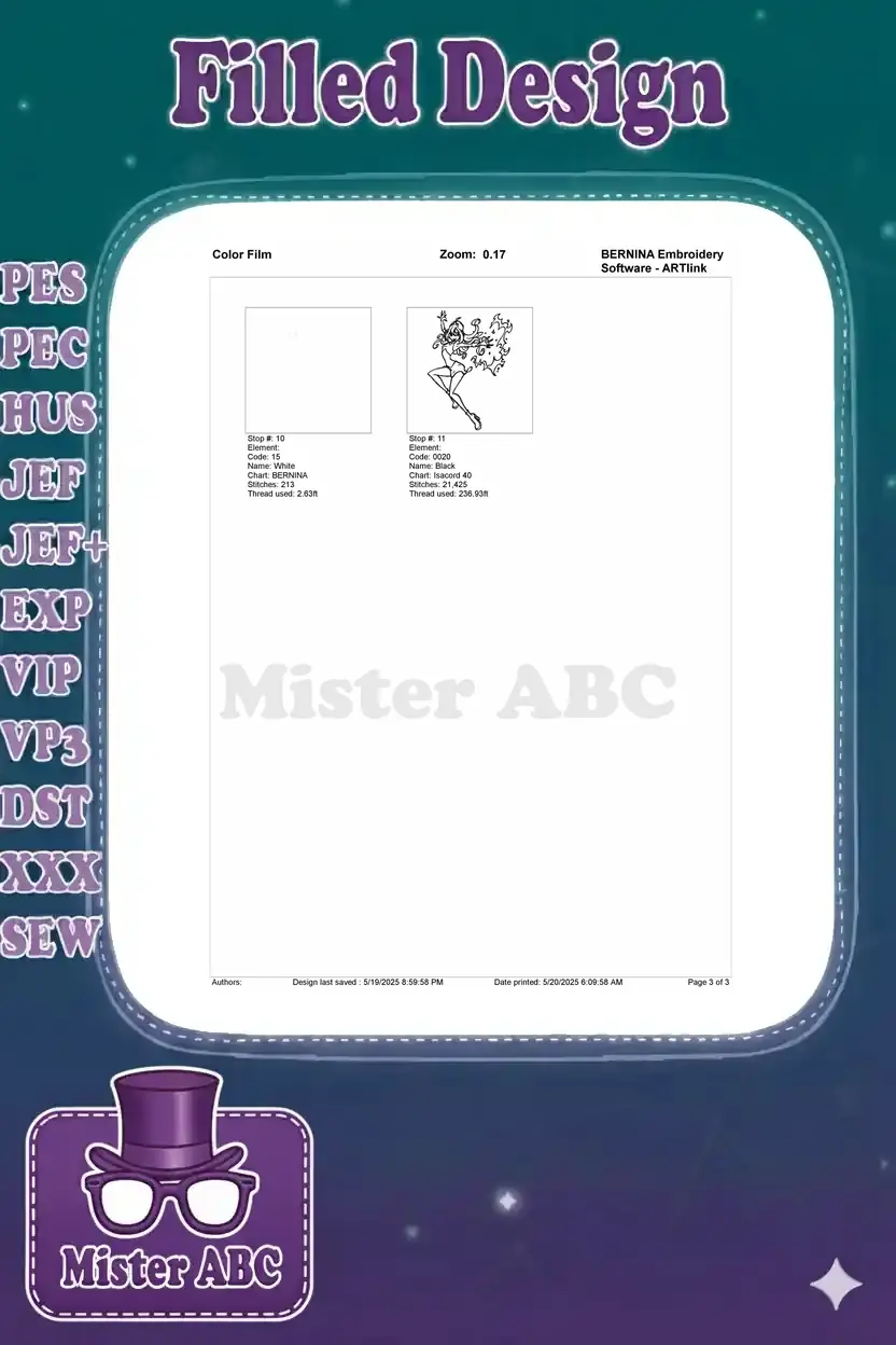 Color film breakdown, page 3 of 3, showing the final individual stitch elements for Bloom's design.
