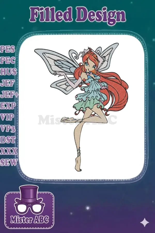 Vibrant machine embroidery of Bloom from Winx Club, showcasing her iconic red hair, blue wings, and magical fairy attire.