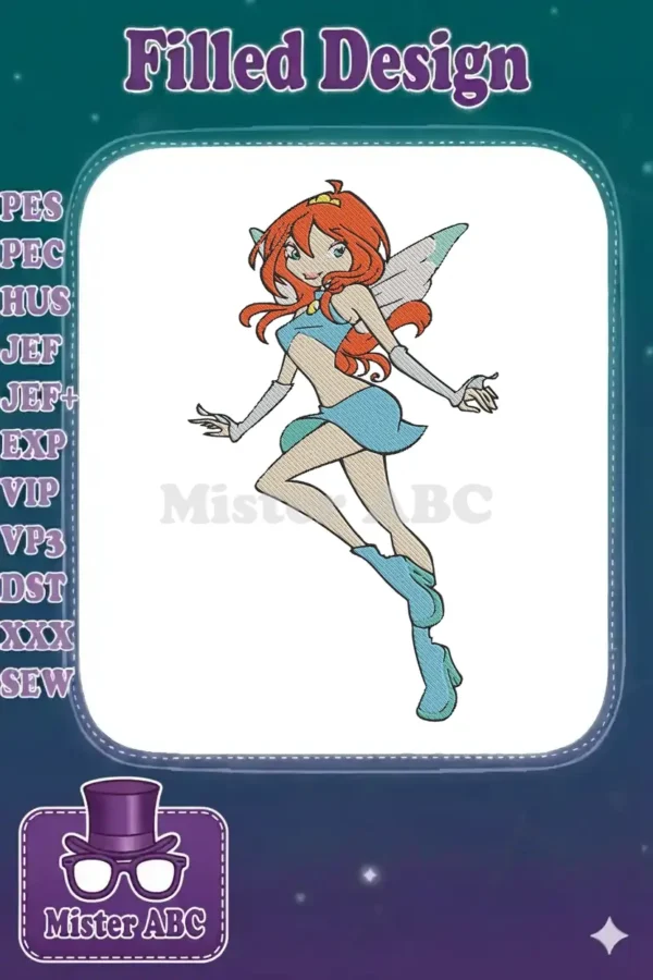 Vibrant digital embroidery of Bloom from Winx Club, featuring her iconic red hair, blue outfit, and fairy wings.