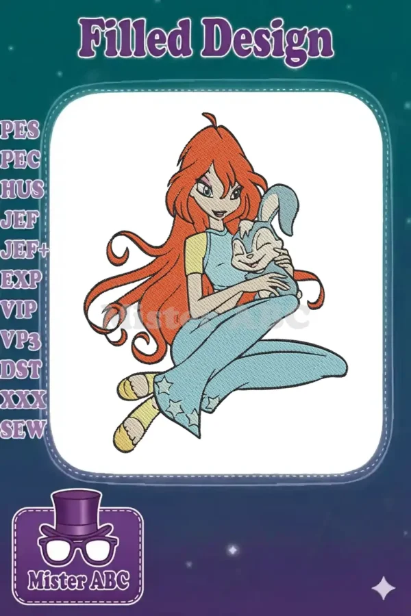 Full-color machine embroidery design of Bloom from Winx Club, with flowing red hair, holding her adorable blue rabbit, Kiko.