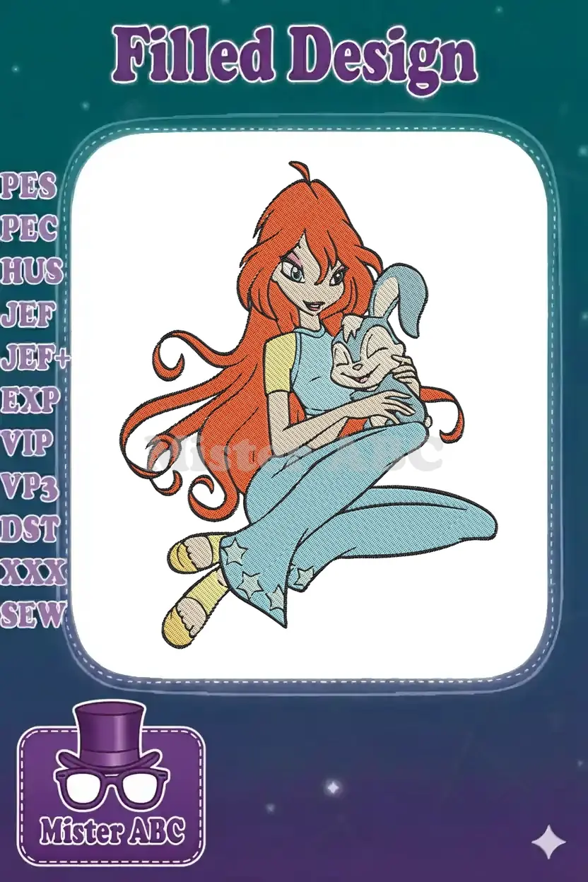 Full-color machine embroidery design of Bloom from Winx Club, with flowing red hair, holding her adorable blue rabbit, Kiko.