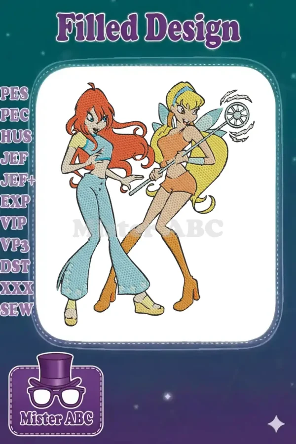Vibrant embroidery design of Winx Club's Bloom and Stella, showcasing their iconic outfits and magical aura.
