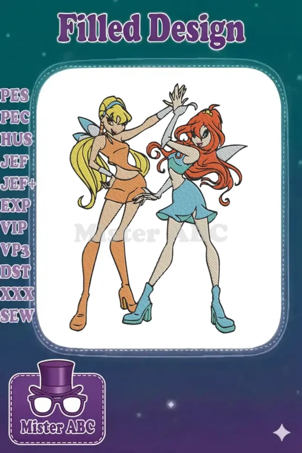 Dynamic embroidery design of Winx Club's Bloom and Stella, showcasing their vibrant outfits and magical essence.