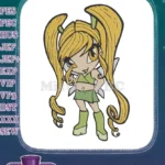 Whimsical fairy girl long blonde pigtails green outfit embroidery designs - Instant Download