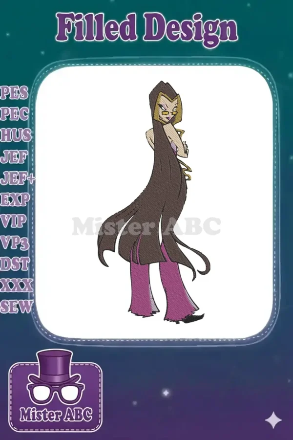 Full-body embroidery design of Stormy from Winx Club, featuring long dark hair, a hooded cloak, purple pants, and golden accents.