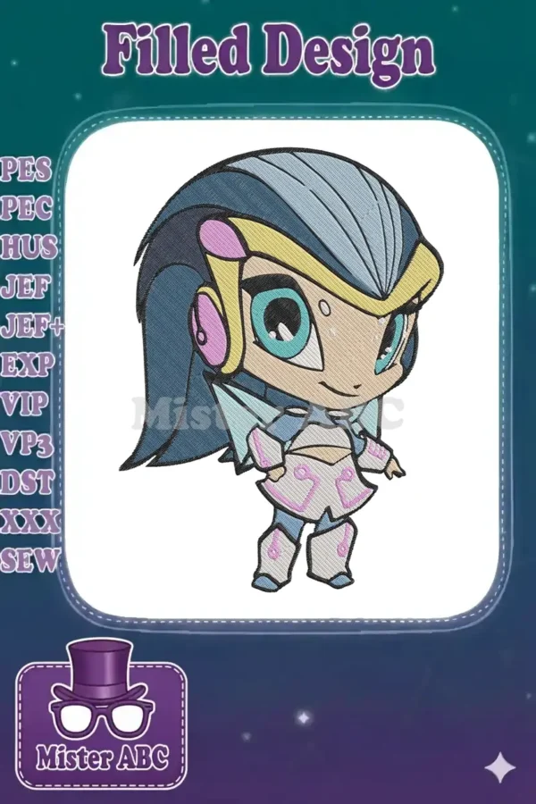 Embroidery design of a cute chibi character with blue hair, large eyes, and a futuristic white, blue, and pink outfit.