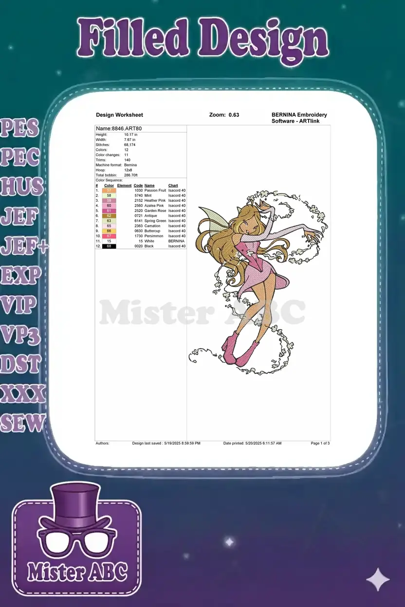 Detailed embroidery worksheet for the Flora fairy design, showing dimensions, stitch count, and color sequence.