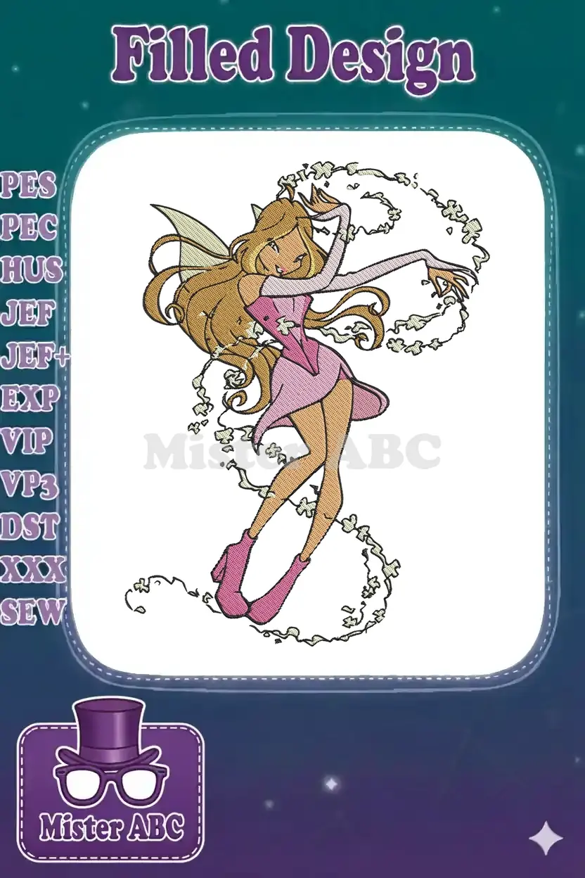 Flora from Winx Club, a magical fairy in a pink dress, captured in a detailed machine embroidery design.