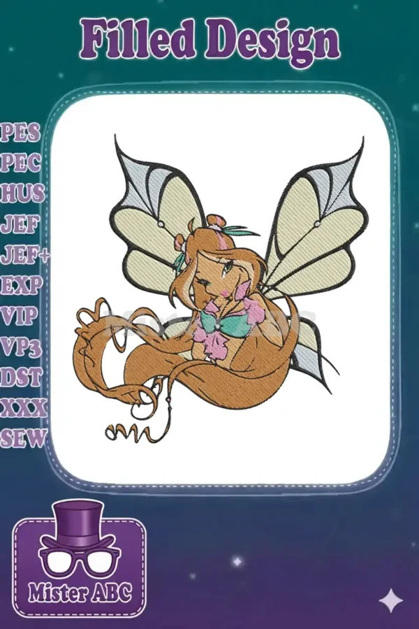 A vibrant embroidery design featuring a magical fairy with long flowing hair and delicate wings, perfect for any fan.