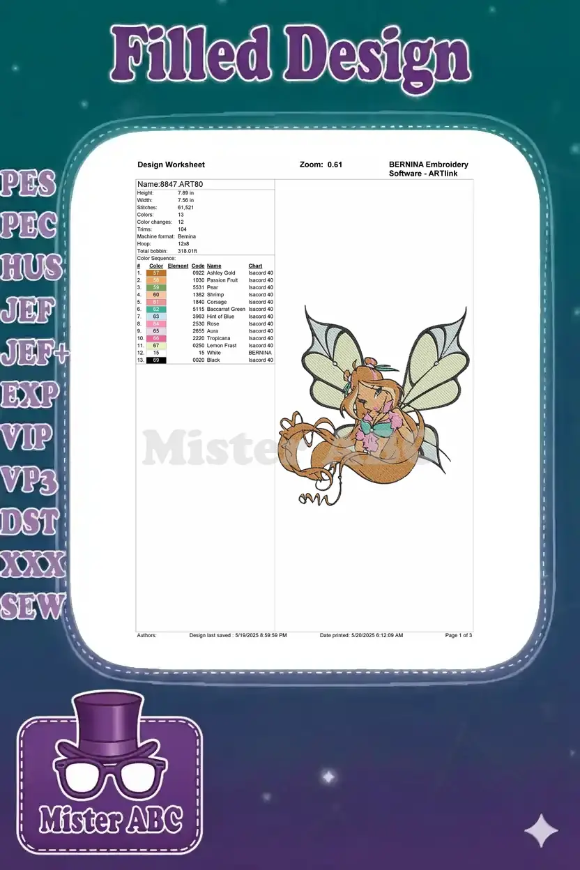 Detailed embroidery design worksheet showing dimensions, stitch count, color sequence chart, and machine format.