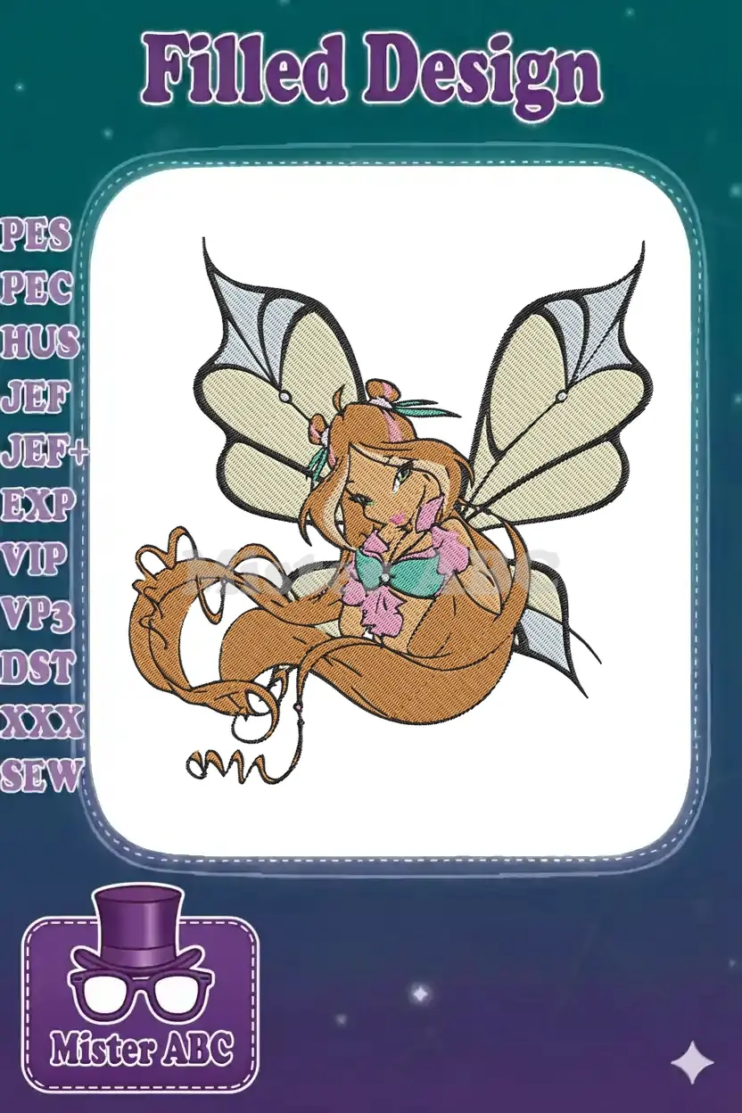 A vibrant embroidery design featuring a magical fairy with long flowing hair and delicate wings, perfect for any fan.