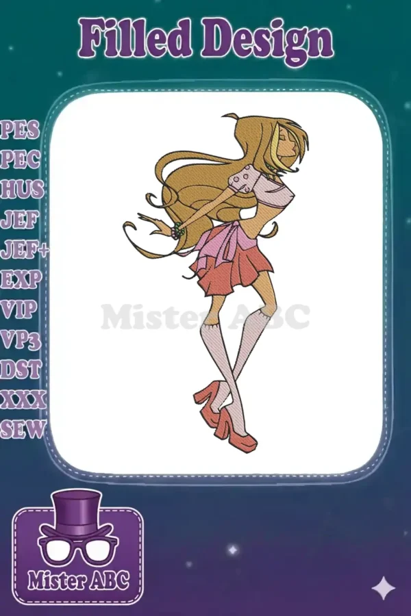 Vibrant embroidery design featuring a stylish fairy, Flora from Winx Club, with flowing hair and a dynamic pose.