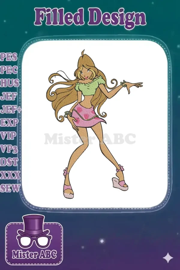 Detailed embroidery of Flora from Winx Club, showcasing her iconic outfit and flowing hair with vibrant colors.