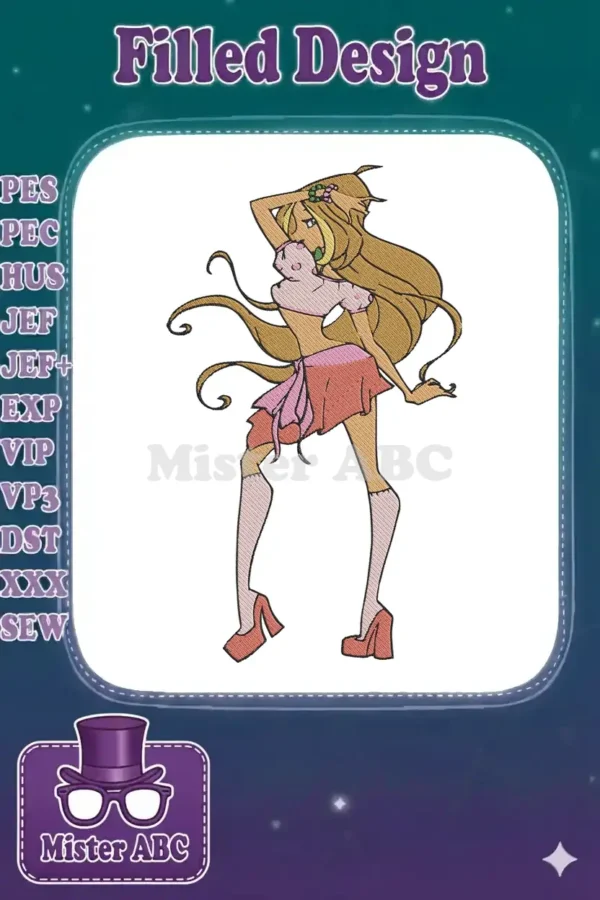 Full-body embroidery design of Flora from Winx Club in a dynamic pose, with flowing hair and a floral accessory.