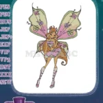Magical fairy girl with pink floral wings embroidery designs - Instant Download