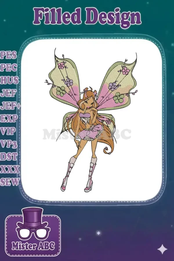 Full-body embroidery design of Flora from Winx Club, featuring her iconic pink and green fairy outfit with large, detailed wings.