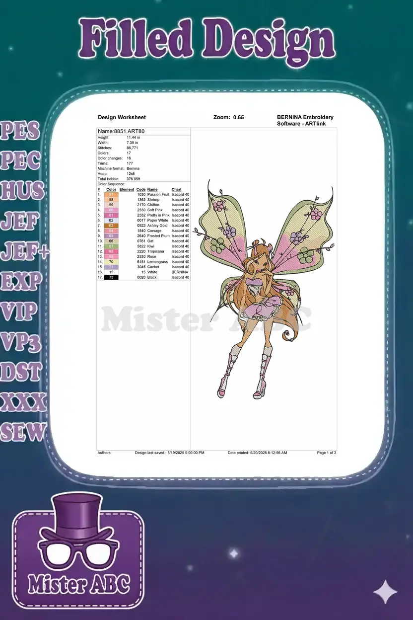 Embroidery design worksheet for Flora, showing design name, dimensions, stitch count, thread colors, and machine compatibility.