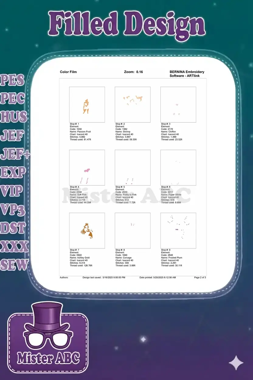 First page of the color film, illustrating the initial embroidery stitch sequences and thread changes for the Flora design.