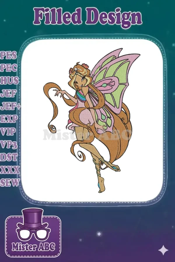 Detailed embroidery design of Flora from Winx Club, featuring her iconic pink dress, flowing hair, and vibrant wings.