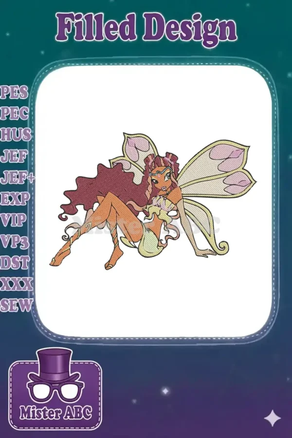 Full-color embroidery of a vibrant fairy with long, flowing brown hair, intricate wings, and a playful pose.