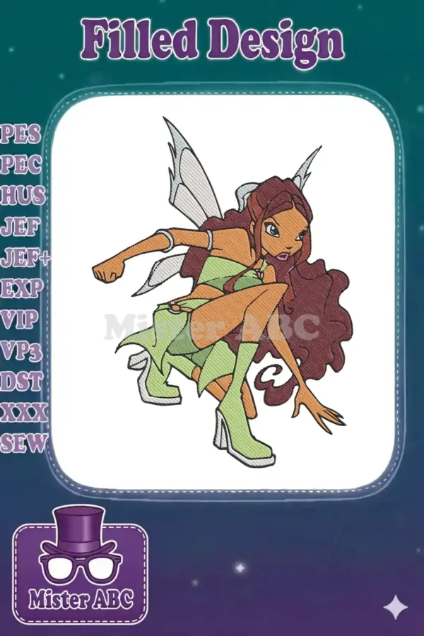 A vibrant embroidery design featuring Aisha from Winx Club in a dynamic, crouching pose with wings and a green outfit.