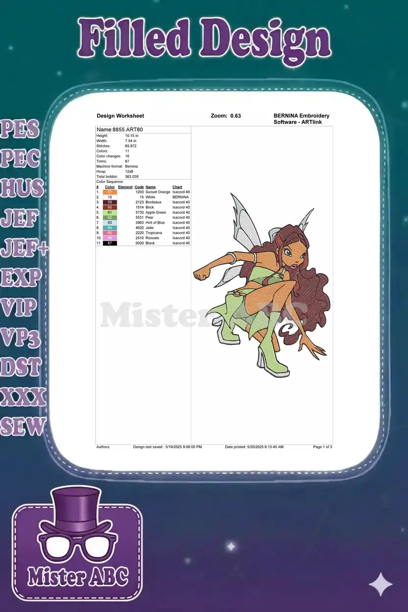 A design worksheet displaying embroidery details for Aisha from Winx Club, including dimensions, stitch count, and color sequence.