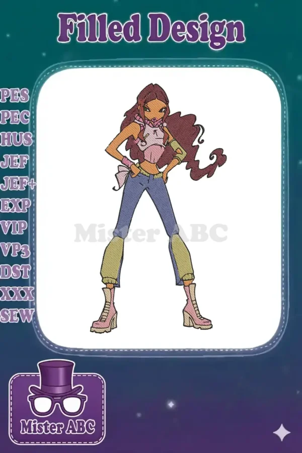 Detailed embroidery design of Aisha/Layla from Winx Club, showcasing her iconic pose and outfit with rich colors.