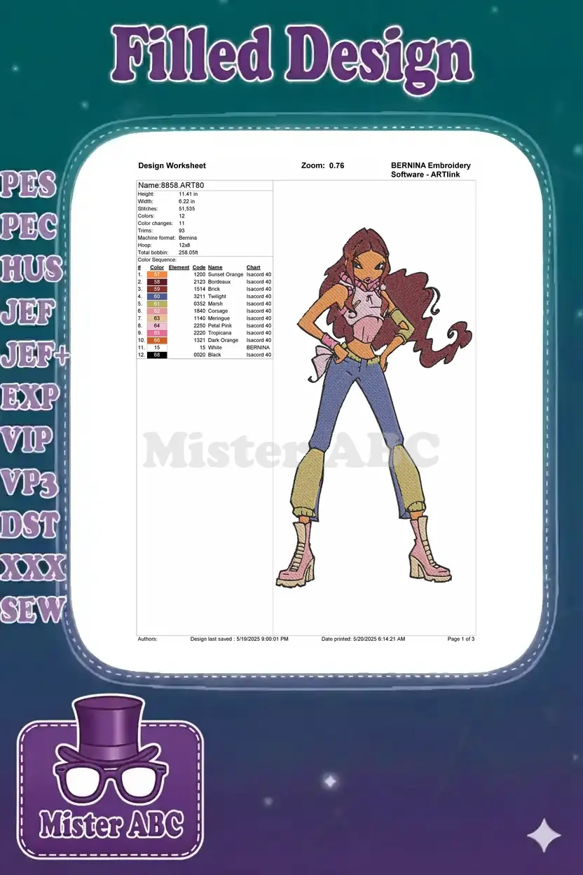 Embroidery design worksheet for Aisha/Layla, showing dimensions, stitch count, color sequence, and thread details.