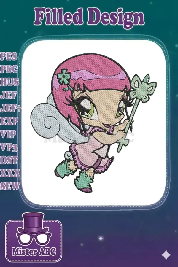 A vibrant embroidery of a cute, pink-haired fairy with green eyes, blue wings, and a butterfly wand.