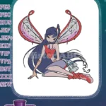 Enchanting fairy girl with long blue hair and vibrant wings embroidery designs - Instant Download